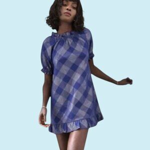 Hill House The Katherine Mini Nap Dress Small Glitter Navy Check Puff Sleeves